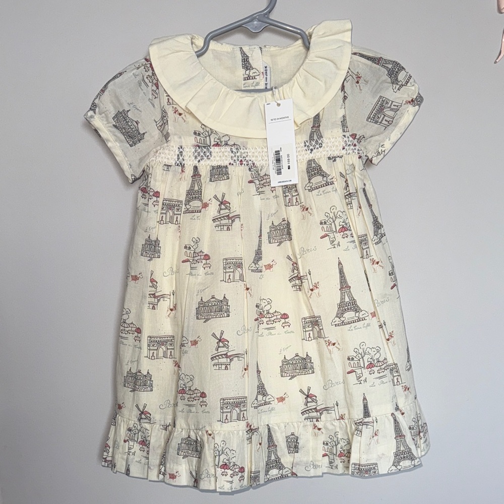 Janie & Jack 18-24 month Charming Cream Kids Dress with Parisian Print